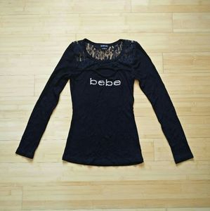 Bebe Ribbed & Lace Swarovski Logo Keyhole Top